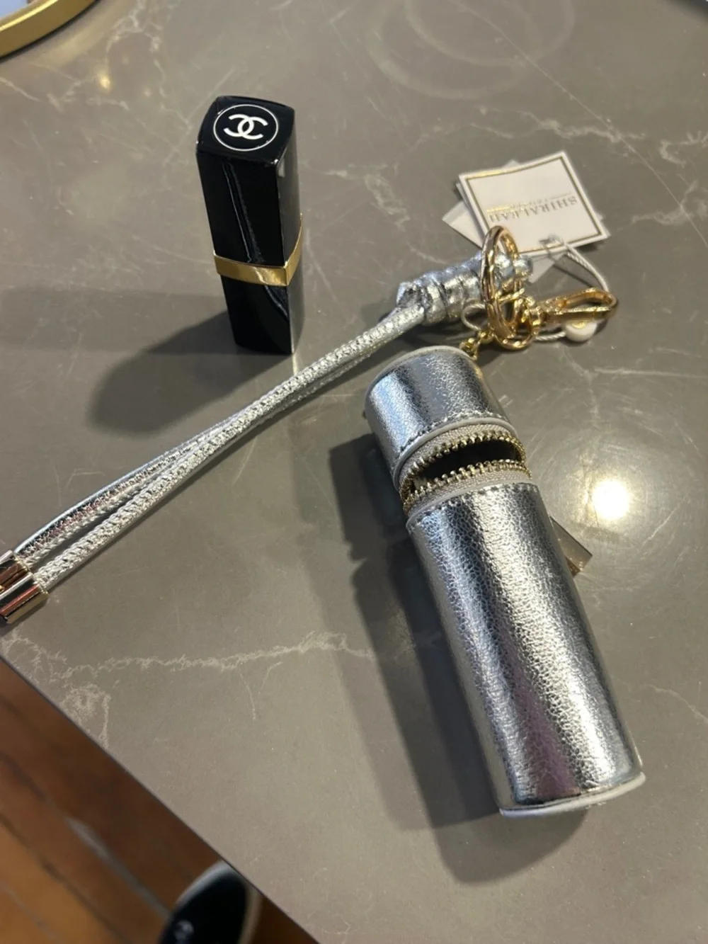 Shiraleah Silver Metallic Lipstick Holder π Charm Keychain with Gold Hardware - Picture 2 of 9